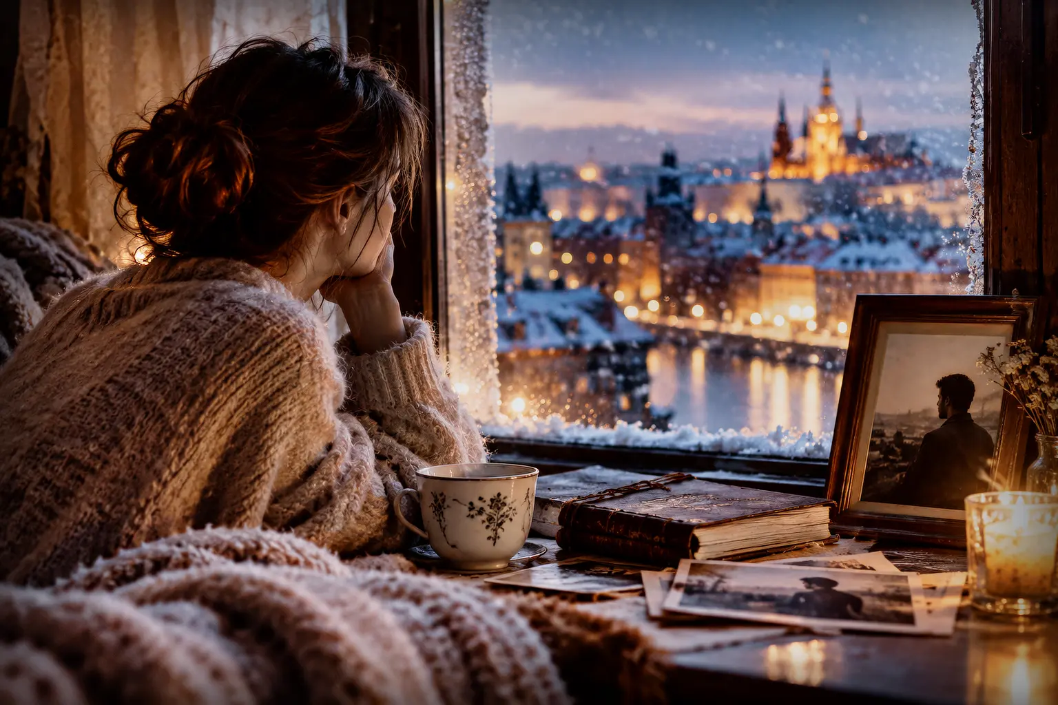 A woman sitting beside a snowy window surrounded by photographs, remembering someone she loved